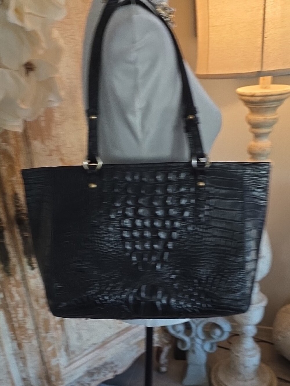 Brahmin Black Croc-Embossed Tote with Gold Accent - Picture 10 of 14